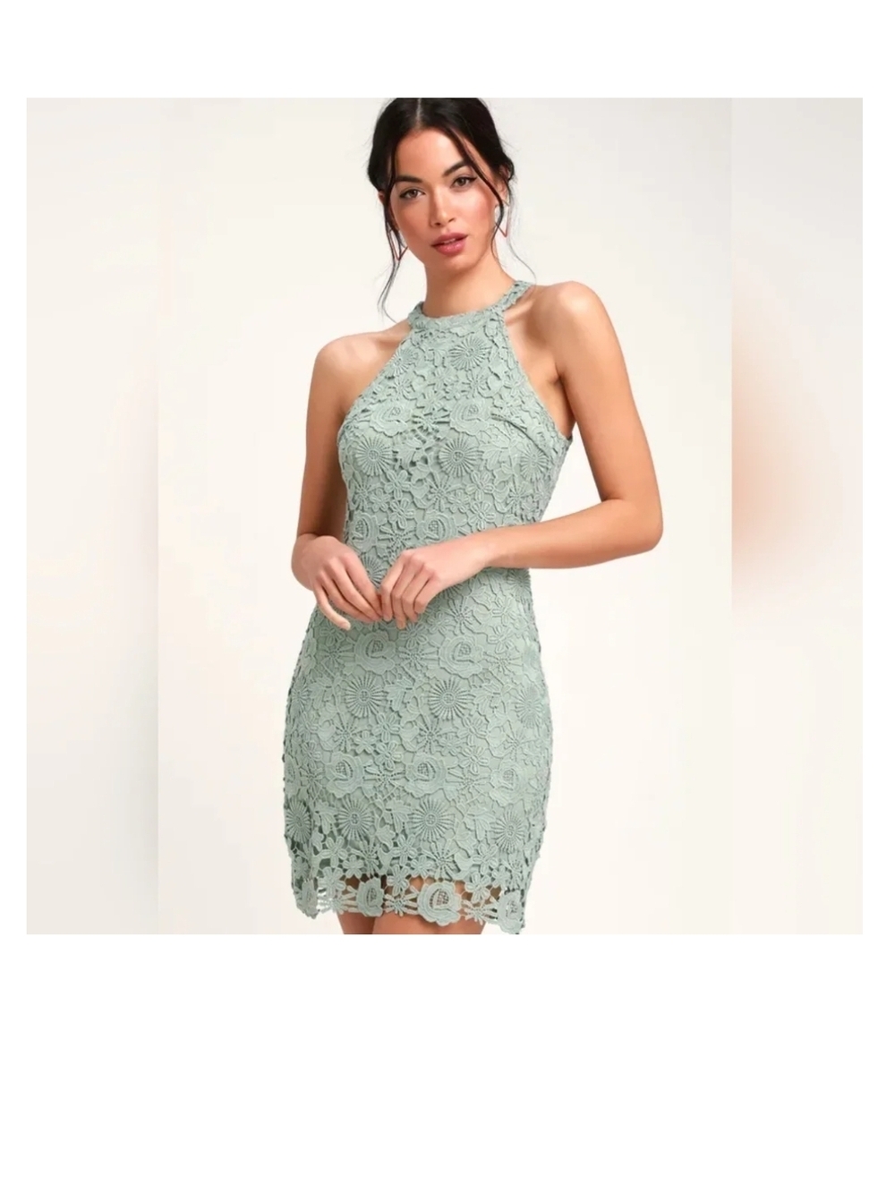 Lulu's Sage Green Lace Halter Mini Dress